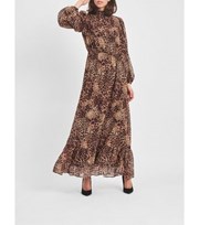 VILA Brown Leopard Print Tiered High Neck Maxi Dress